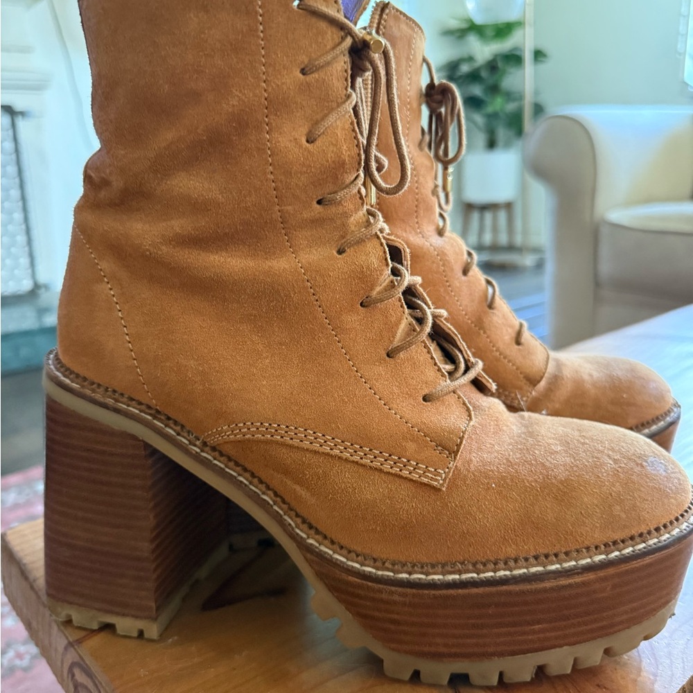Suede Lace-Up Platform Boots - Tan